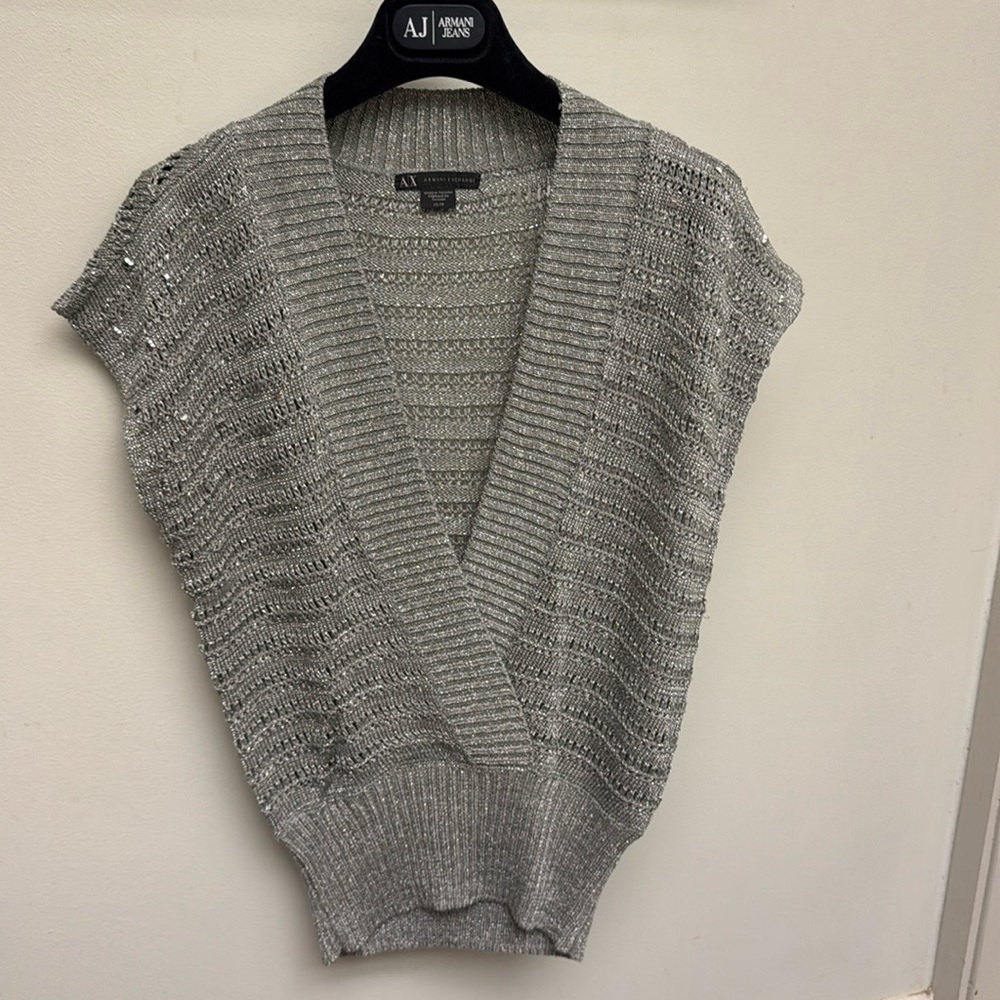 A/X Armani Exchange 90s silver deep V neck banded knit top XS